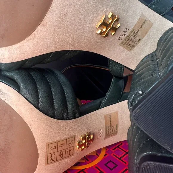 TORY BURCH Kira Quilted Block Heel Dark Seaweed Sandals size 8.5 - Picture 10 of 11